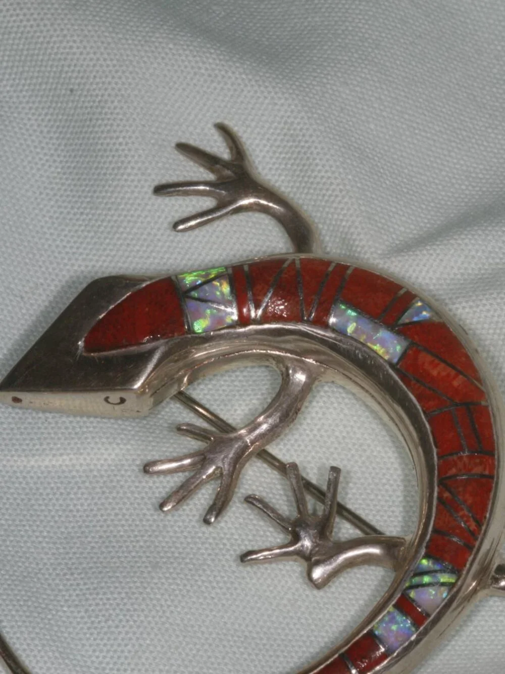 Vintage Sterling Silver Lizard Brooch Pin Pendant Red Coral Fire Opal Inlay